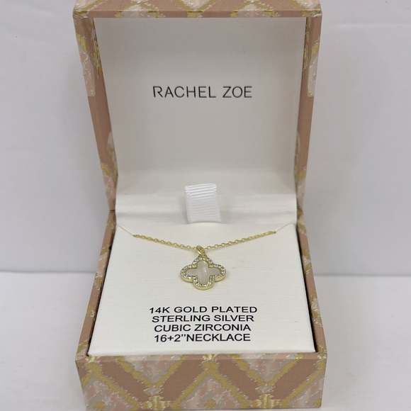 RACHEL ZOE, STERLING SILVER 18KT GOLD PLATED MOTHER OF PEARL CLOVER NECKLACE, CZ - Picture 2 of 16